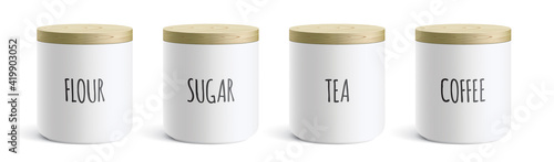 Vector set of white modern style ceramic containers, with flour, sugar, tea, and coffee text on it. Kitchen canisters covered with a wooden lid, standing isolated on a white background.