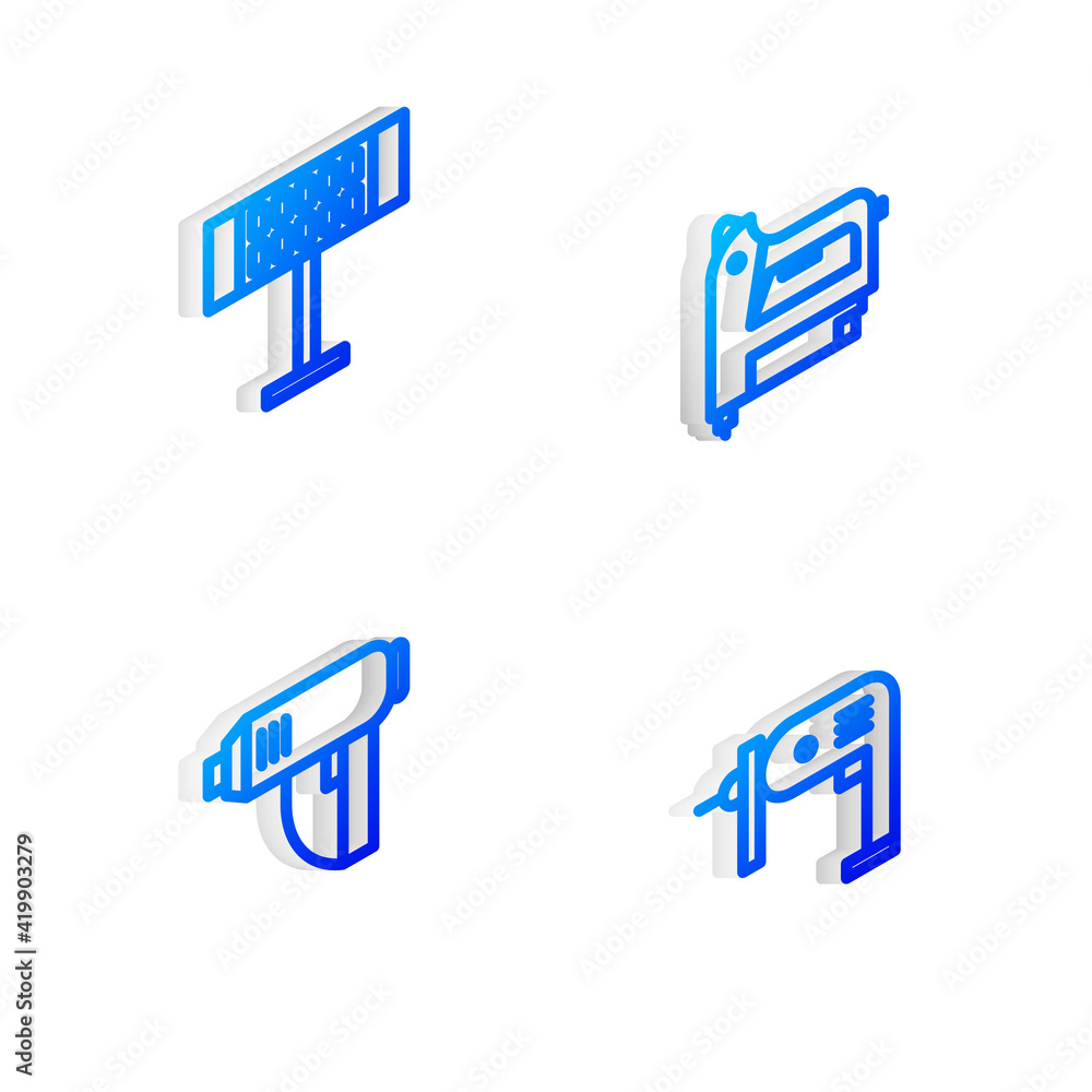 Set Isometric line Electric construction stapler, heater, industrial dryer and drill machine icon. Vector Set Isometric line Electric construction stapler, heater, industrial dryer and drill machine icon. Vector