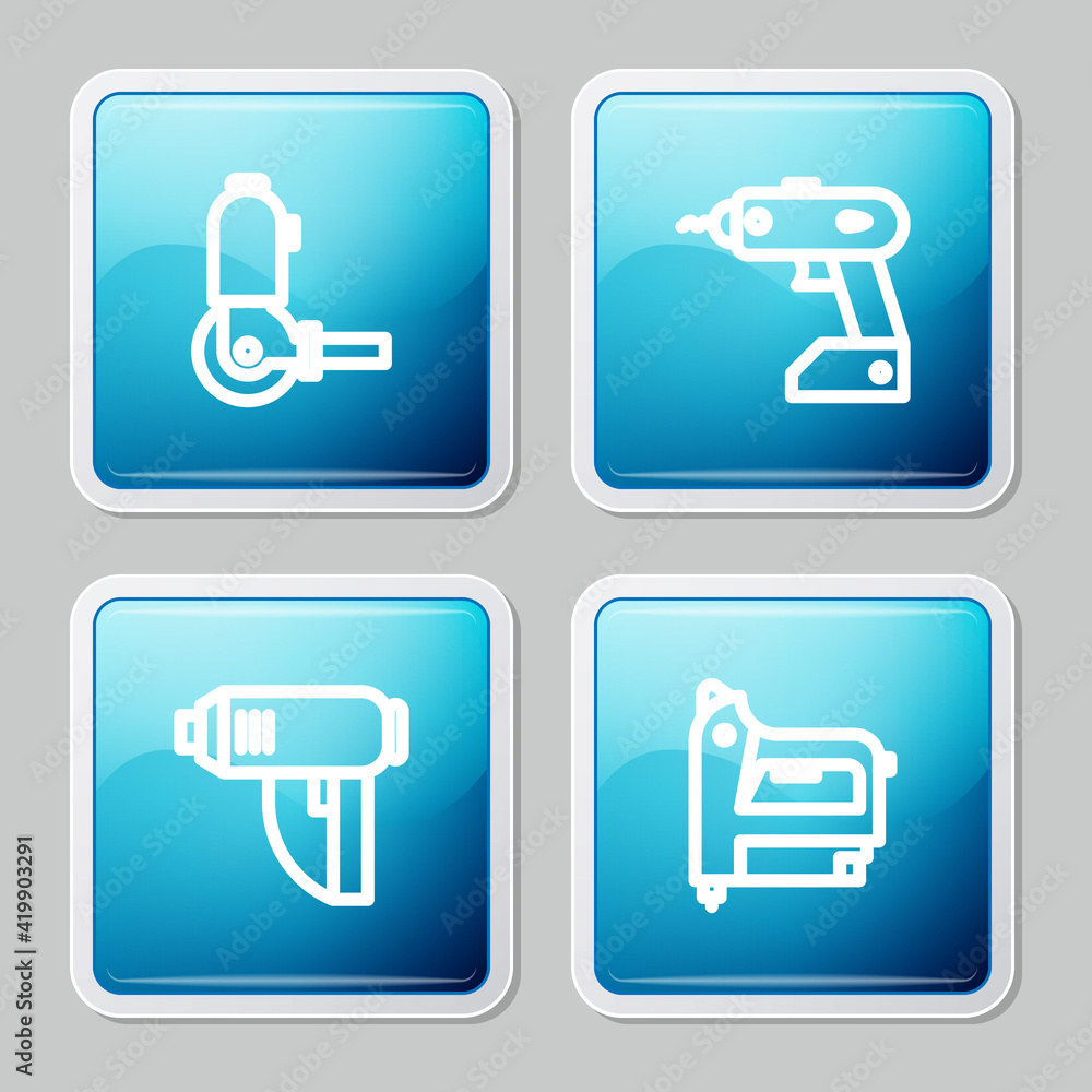 Set line Angle grinder, Electric cordless screwdriver, industrial dryer and construction stapler icon. Vector Set line Angle grinder, Electric cordless screwdriver, industrial dryer and construction stapler icon. Vector