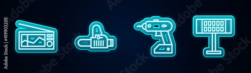 Set line Radio, Chainsaw, Electric cordless screwdriver and heater. Glowing neon icon. Vector