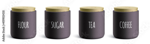 Vector set of black modern style ceramic containers, with flour, sugar, tea, and coffee text on it. Kitchen canisters covered with a wooden lid, standing isolated on a white background.