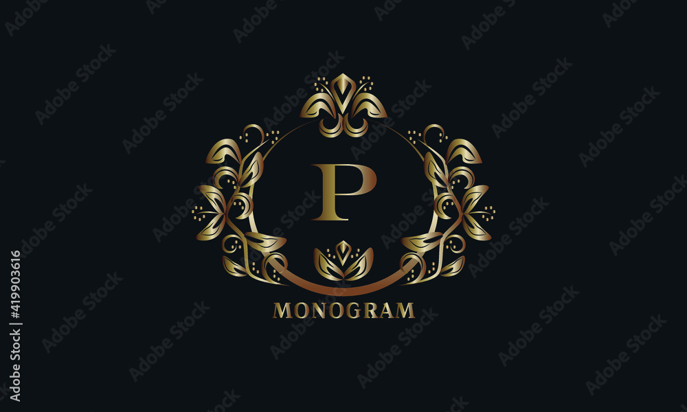 Exquisite bronze monogram on a dark background with the letter P. Stylish logo is identical for a restaurant, hotel, heraldry, jewelry, labels, invitations.