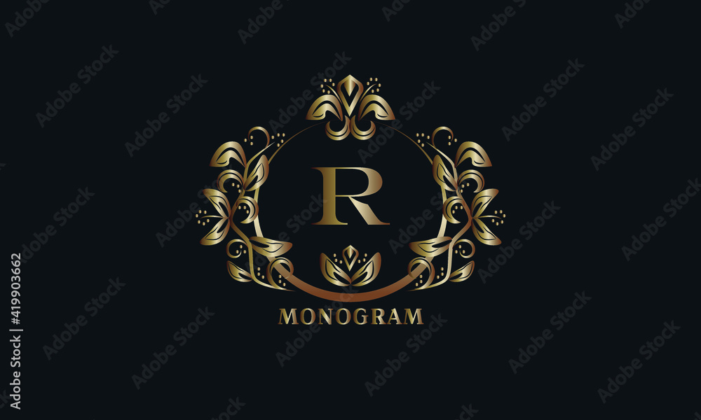 Exquisite bronze monogram on a dark background with the letter R. Stylish logo is identical for a restaurant, hotel, heraldry, jewelry, labels, invitations. Exquisite bronze monogram on a dark background with the letter R. Stylish logo is identical for a restaurant, hotel, heraldry, jewelry, labels, invitations.