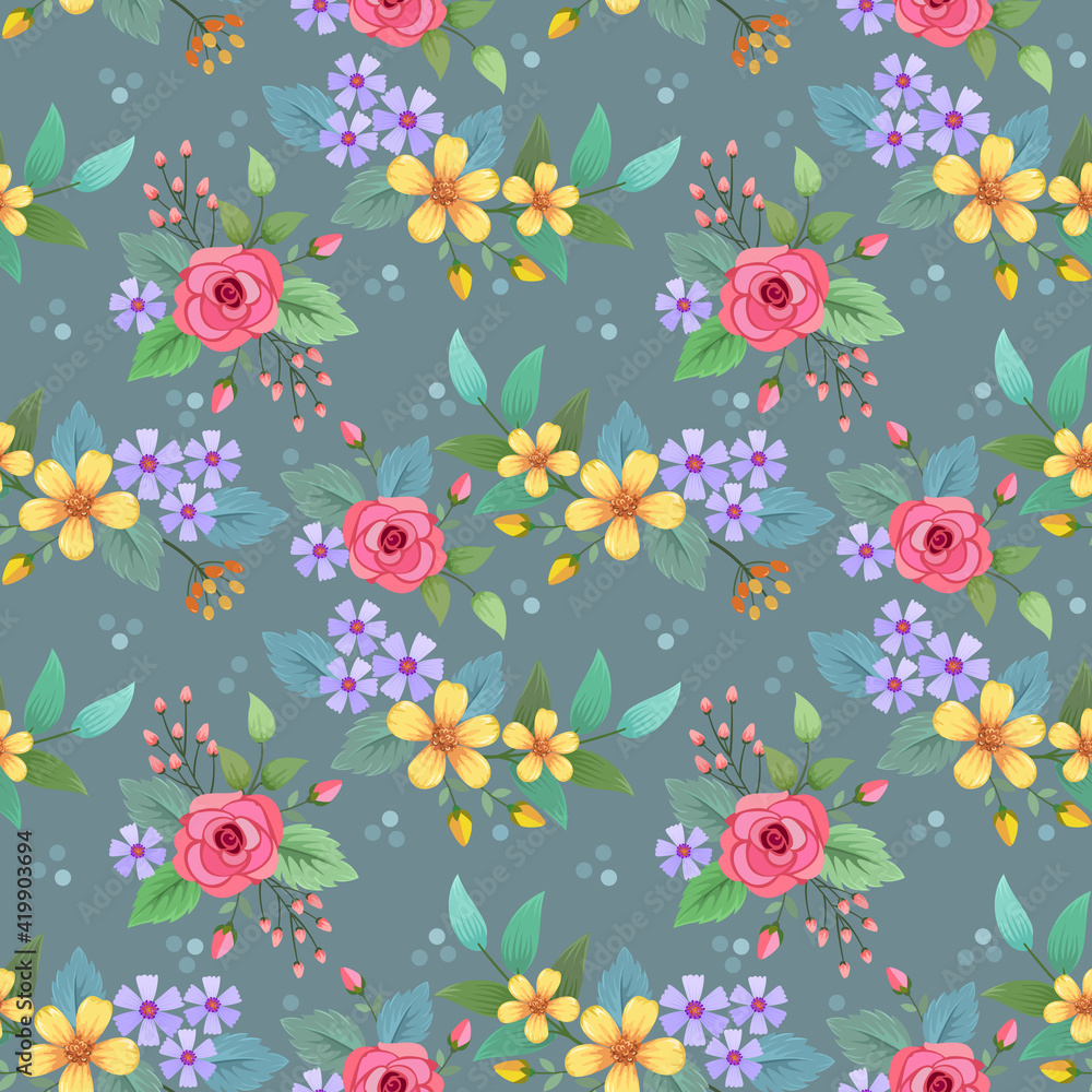 Fototapeta premium Abstract floral seamless pattern design for backdrop and wrapping paper. Colorful flowers, and leaves on a green background.