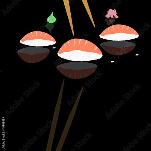 Traditional japanese food sushi nigiri with wasabi and ginger with reflection and wooden chopsticks over them