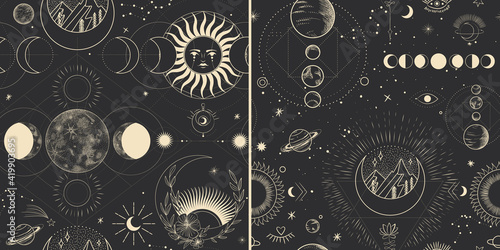 Vector illustration set of moon phases. Different stages of moonlight activity in vintage engraving style. branches of plants and flowers. sacred isoteric geometry