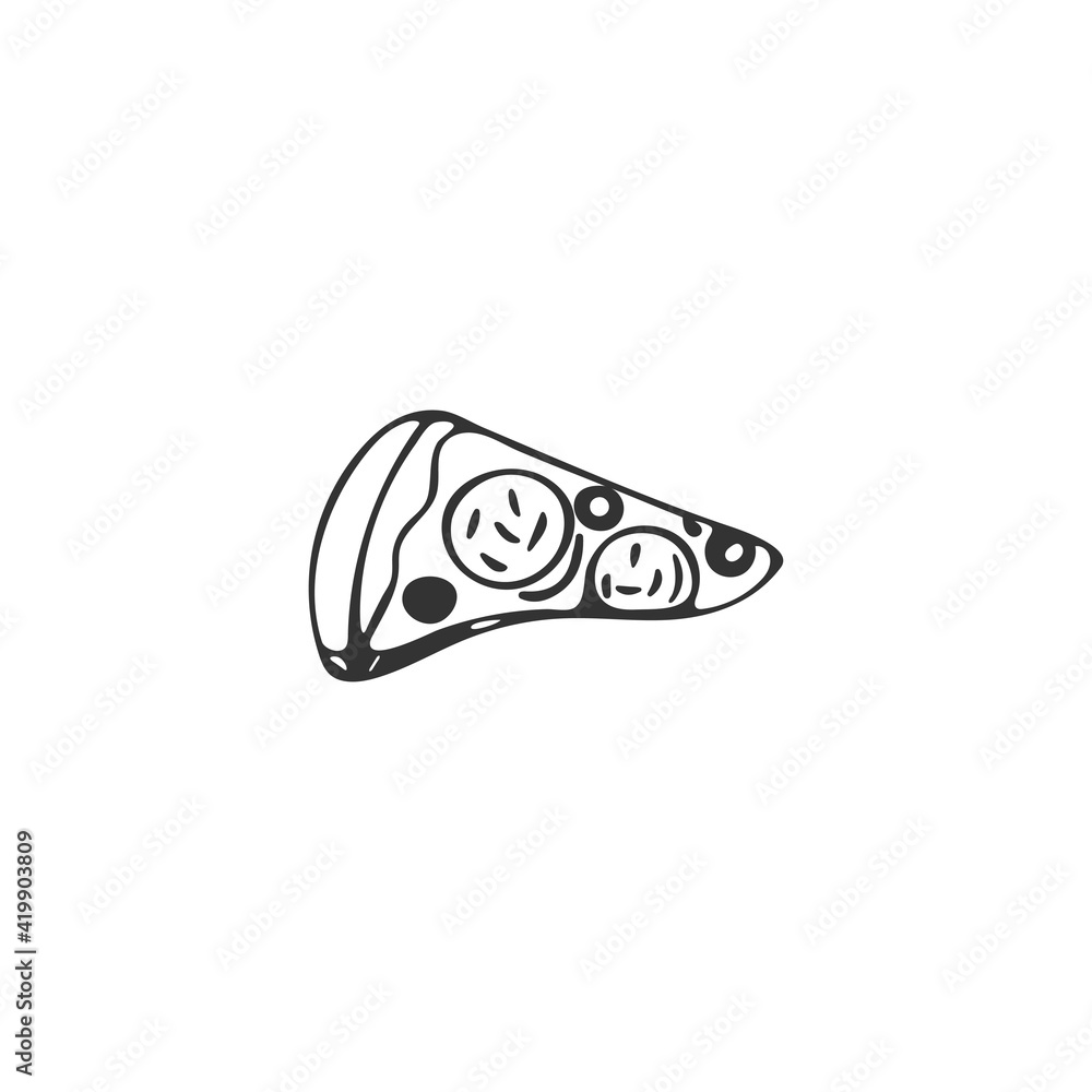 Hand-drawn pizza slice. Single element isolated on white background. Salami pizza. Fast food. Vector illustration Hand-drawn pizza slice. Single element isolated on white background. Salami pizza. Fast food. Vector illustration