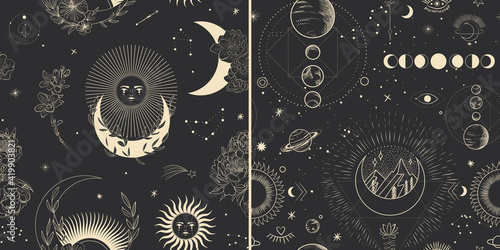 Vector illustration set of moon phases. Different stages of moonlight activity in vintage engraving style. branches of plants and flowers. sacred isoteric geometry