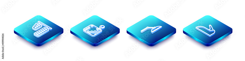 Set Isometric line Car gas and brake pedals, Gear shifter, Windscreen wiper and handbrake icon. Vector Set Isometric line Car gas and brake pedals, Gear shifter, Windscreen wiper and handbrake icon. Vector