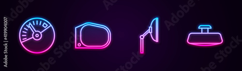 Set line Speedometer, Car mirror, Windscreen wiper and . Glowing neon icon. Vector