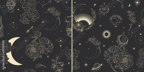 Vector illustration set of moon phases. Different stages of moonlight activity in vintage engraving style. branches of plants and flowers. sacred isoteric geometry