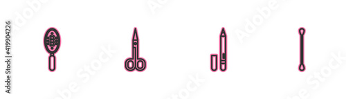 Set line Hairbrush, Eyeliner, eyebrow, Scissors and Cotton swab for ears icon. Vector