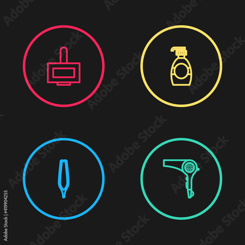 Set line Eyebrow tweezers, Hair dryer, Bottle of liquid soap and Nail polish bottle icon. Vector