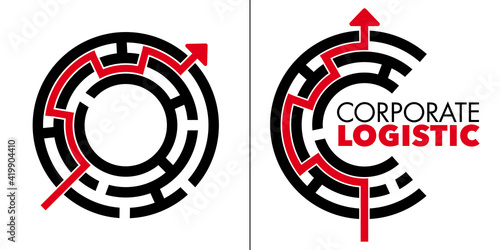 Logo pour une logistique d’entreprise, composé d’un labyrinthe noir et d’une flèche rouge symbolisant une issue à un problème.