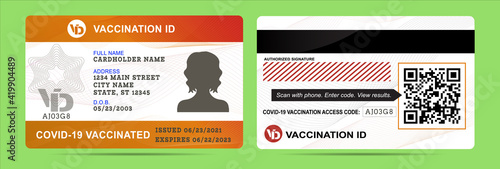 Vaccination ID pass or card. COVID-19 and certificate concept with documentation as proof of getting vaccinated. Shield as vaccine symbol and being immune against coronavirus.