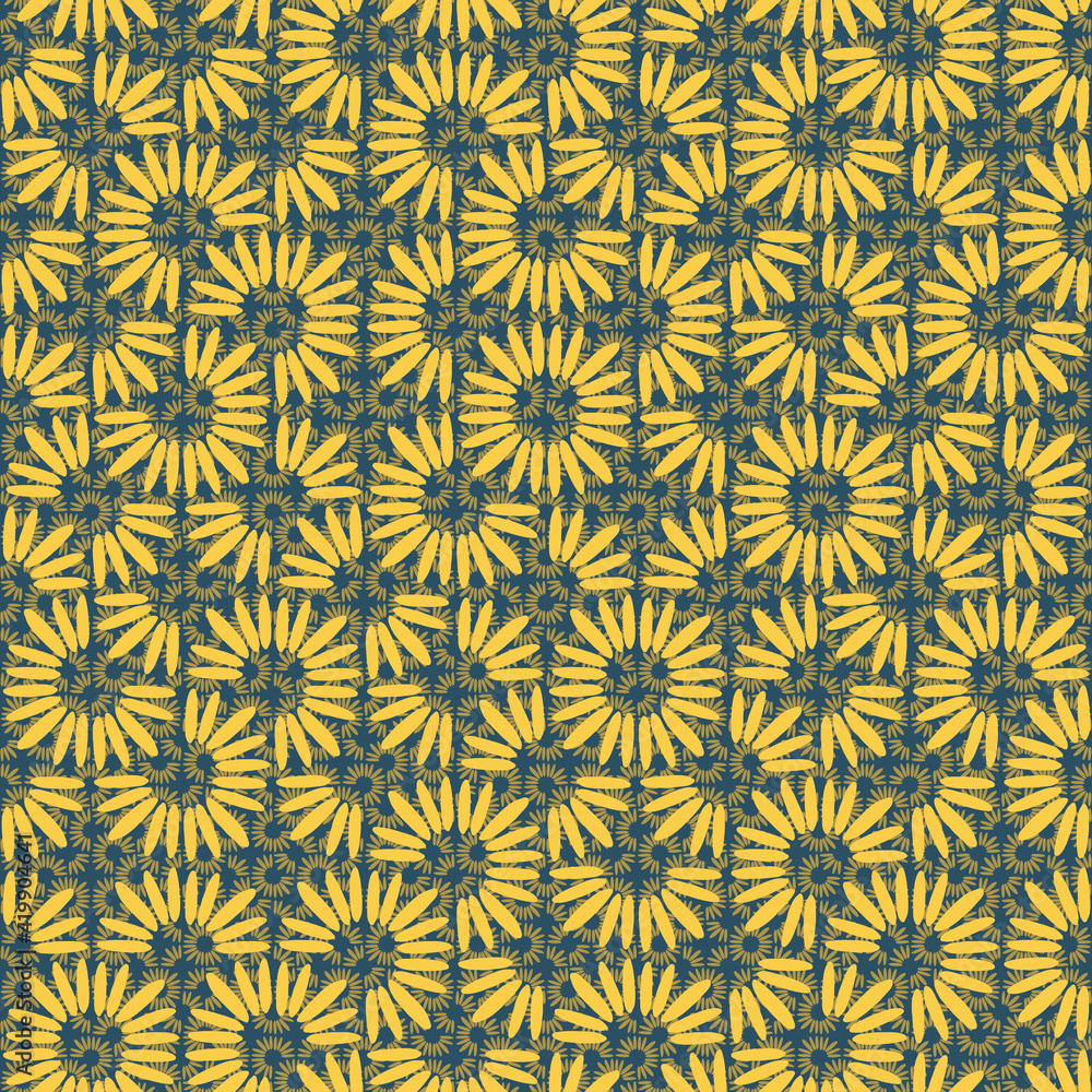 Abstract seamless vector pattern with gold and yellow daisy petals on blue background. Minimal concept great for summer vintage fabric, scrapbooking, wallpaper, gift-wrap. Surface pattern design.