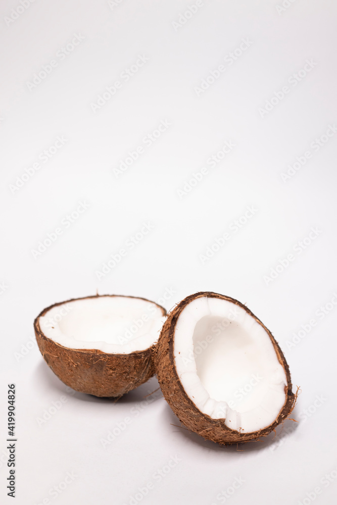 opened coconut isolated on white background. tropical fruit, nut opened coconut isolated on white background. tropical fruit, nut