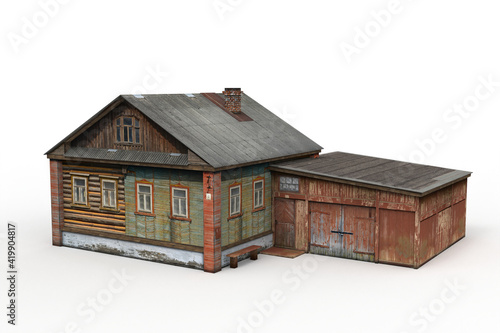 Old village house render on a white background. 3D rendering