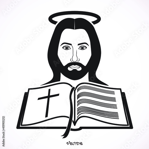 Jesus and  the Bible isolated on white background. Coloring page.