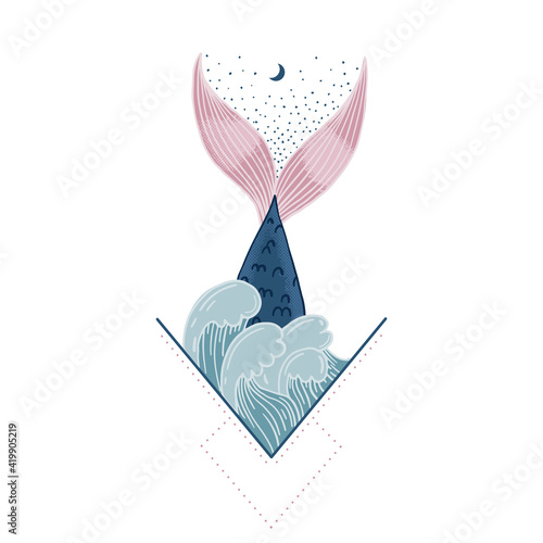 illustration of a whale tail logo in the ocean waves. sacred geometry, printing on clothes, postcards. Vector graphics