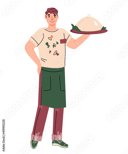 Waiter male character brings meals in fast food restaurant or cafe, cartoon flat vector illustration isolated on white background. Smiling polite waiter or steward with tray. Fast food services staff.