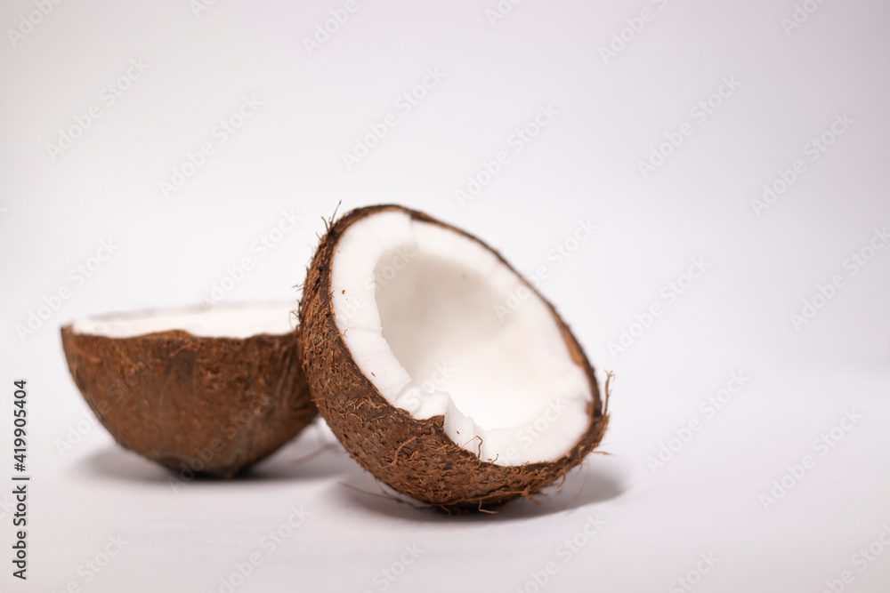 opened coconut isolated on white background. tropical fruit, nut opened coconut isolated on white background. tropical fruit, nut