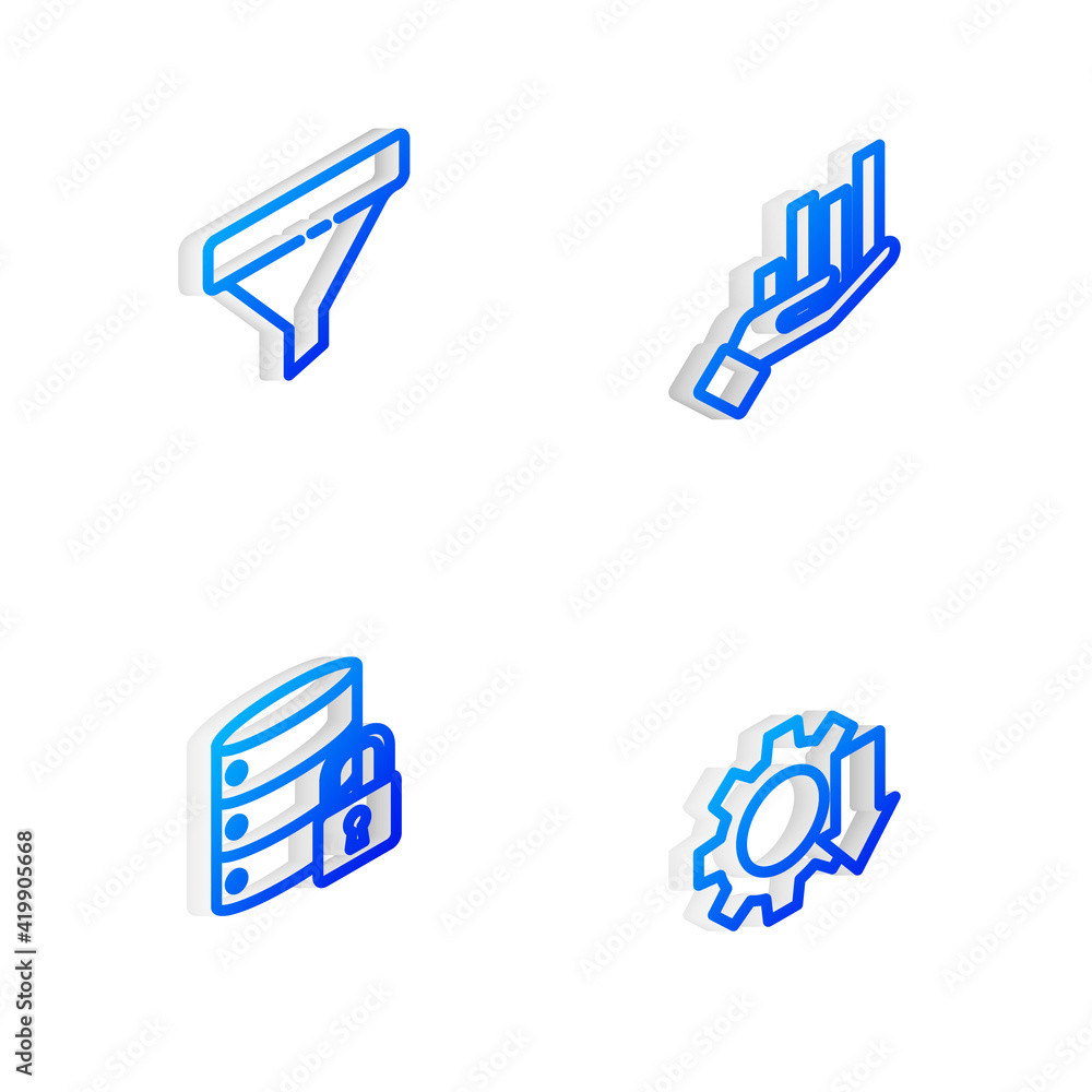 Set Isometric line Pie chart infographic, Sales funnel, Server security with lock and Cost reduction icon. Vector Set Isometric line Pie chart infographic, Sales funnel, Server security with lock and Cost reduction icon. Vector