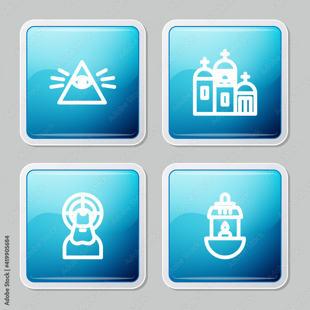 Set line Masons, Church building, Jesus Christ and Ramadan Kareem lantern icon. Vector Set line Masons, Church building, Jesus Christ and Ramadan Kareem lantern icon. Vector