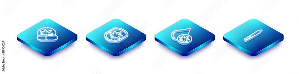 Set Isometric line Herbal ecstasy tablets, Shield and marijuana leaf, Marijuana or cannabis olive oil and joint icon. Vector Set Isometric line Herbal ecstasy tablets, Shield and marijuana leaf, Marijuana or cannabis olive oil and joint icon. Vector