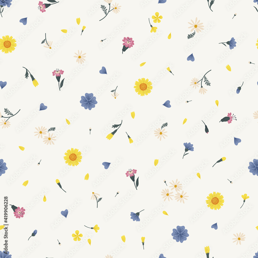 Meadow wildflower seamless vector pattern. Boho botanical floral calico background. Delicate field flower and petals herbarium illustration. Meadow wildflower seamless vector pattern. Boho botanical floral calico background. Delicate field flower and petals herbarium illustration.