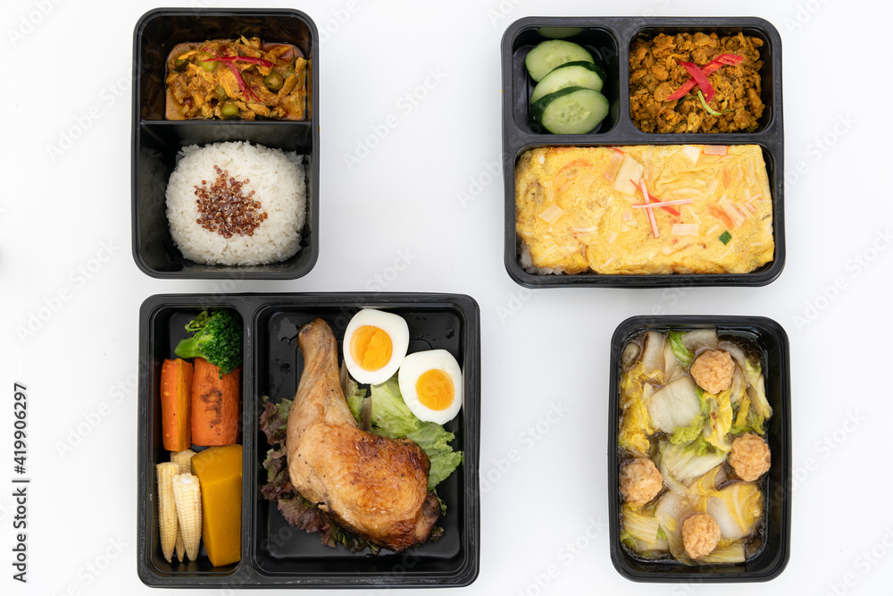 Four lunch box set. Thai food concept isolate in white background. Four lunch box set. Thai food concept isolate in white background.