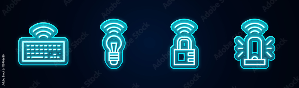Set line Wireless keyboard, Smart light bulb, safe combination lock and flasher siren. Glowing neon icon. Vector Set line Wireless keyboard, Smart light bulb, safe combination lock and flasher siren. Glowing neon icon. Vector