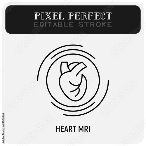 Human heart MRI scan thin line icon. Medical equipment for oncology detection. Pixel perfect, editable stroke. Vector illustration.