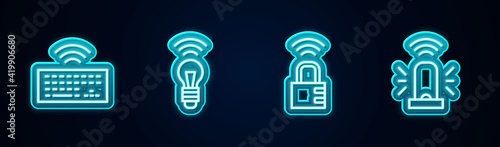 Set line Wireless keyboard, Smart light bulb, safe combination lock and flasher siren. Glowing neon icon. Vector