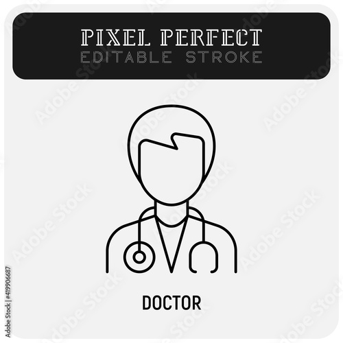 Doctor with stethoscope thin line icon. Healthcare worker. Editable stroke, pixel perfect. Vector illustration.