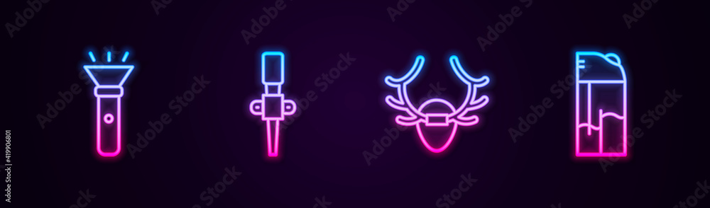 Set line Flashlight, Torch flame, Deer antlers on shield and Lighter. Glowing neon icon. Vector Set line Flashlight, Torch flame, Deer antlers on shield and Lighter. Glowing neon icon. Vector