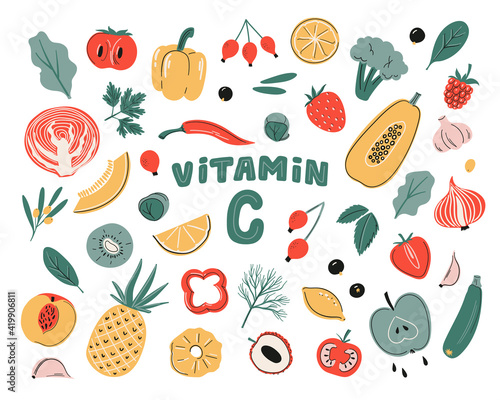 Fototapeta Naklejka Na Ścianę i Meble -  Vector vitamin C sources set. Fruits, vegetables and berries collection. Healfy food, dietetics products, organic. Cartoon flat illustration