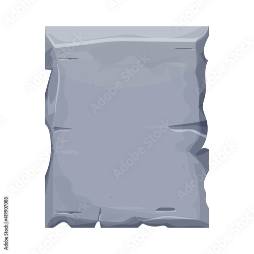 Stone tablet, panel, textured cartoon frame with cracked elements isolated on white background. Solid gray sign square shape for ui interface, web banner, design element.