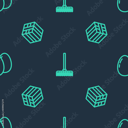 Set line Garden rake, Bale of hay and Chicken egg on seamless pattern. Vector
