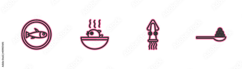 Set line Served fish on a plate, Octopus, Puffer soup and Caviar spoon icon. Vector Set line Served fish on a plate, Octopus, Puffer soup and Caviar spoon icon. Vector