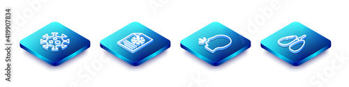 Set Isometric line Virus, Clipboard with blood test results, Man coughing and Lungs icon. Vector