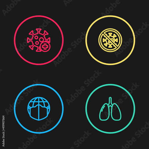 Set line Earth with medical mask, Lungs, Stop virus and Positive icon. Vector