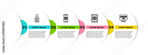 Set line Liquid antibacterial soap, Virus statistics on mobile, monitor and Corona virus location. Business infographic template. Vector