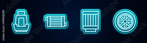 Set line Car seat, radiator cooling system, air filter and wheel. Glowing neon icon. Vector
