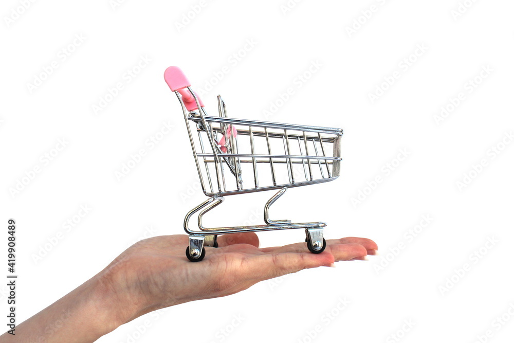 There is a shopping cart on a woman`s palm There is a shopping cart on a woman`s palm
