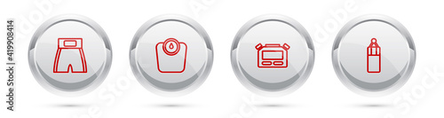 Set line Boxing short, Bathroom scales, Stopwatch and Punching bag. Silver circle button. Vector