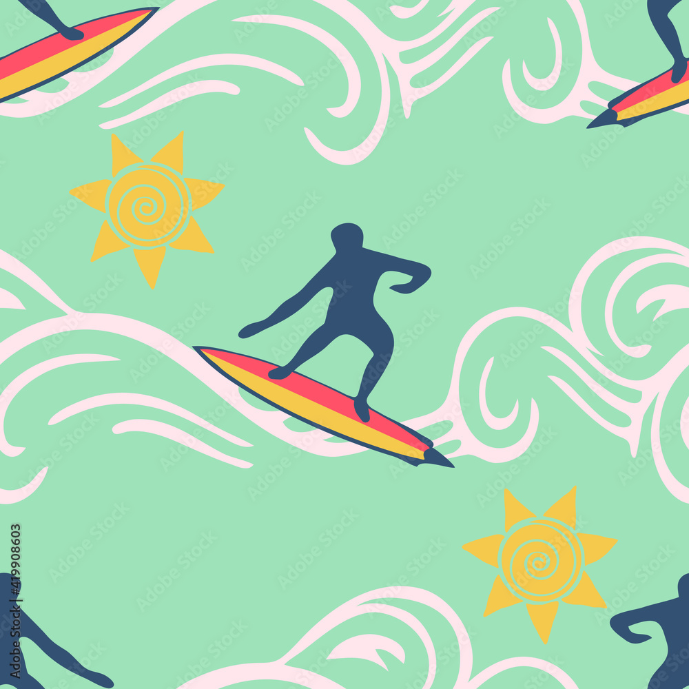 Seamless vector pattern with surfer silhouette on pastel blue background. Simple lifestyle wallpaper design. Happy sport fashion textile.