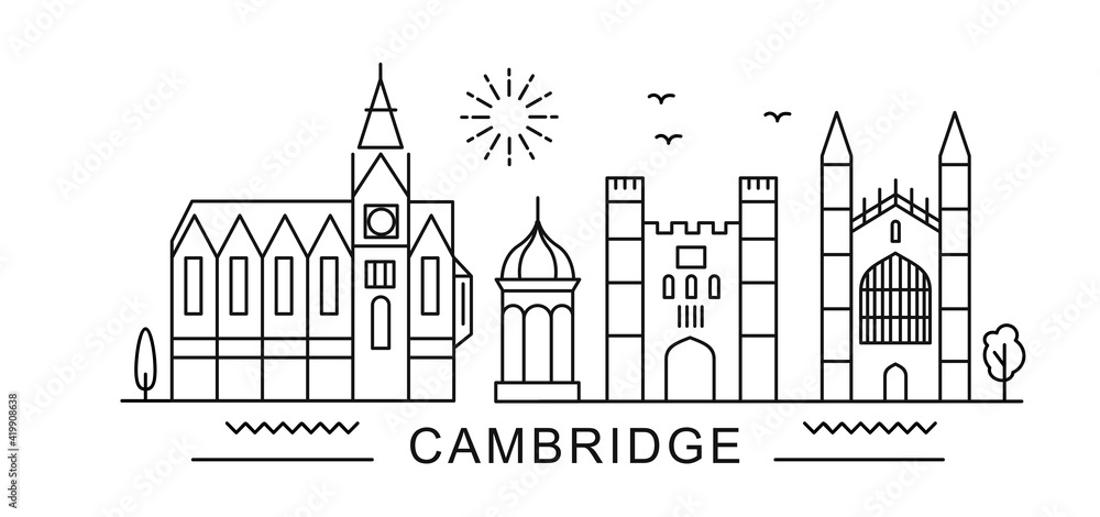 Cambridge minimal style City Outline Skyline with Typographic. Vector cityscape with famous landmarks. Illustration for prints on bags, posters, cards. 