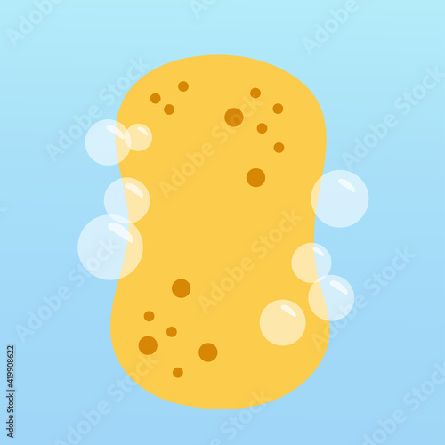 Body sponge on a blue background. Vector illustration with Yellow shower sponge in a simple flat style