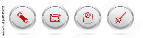 Set line Chest expander, Stopwatch, Bathroom scales and Fencing. Silver circle button. Vector